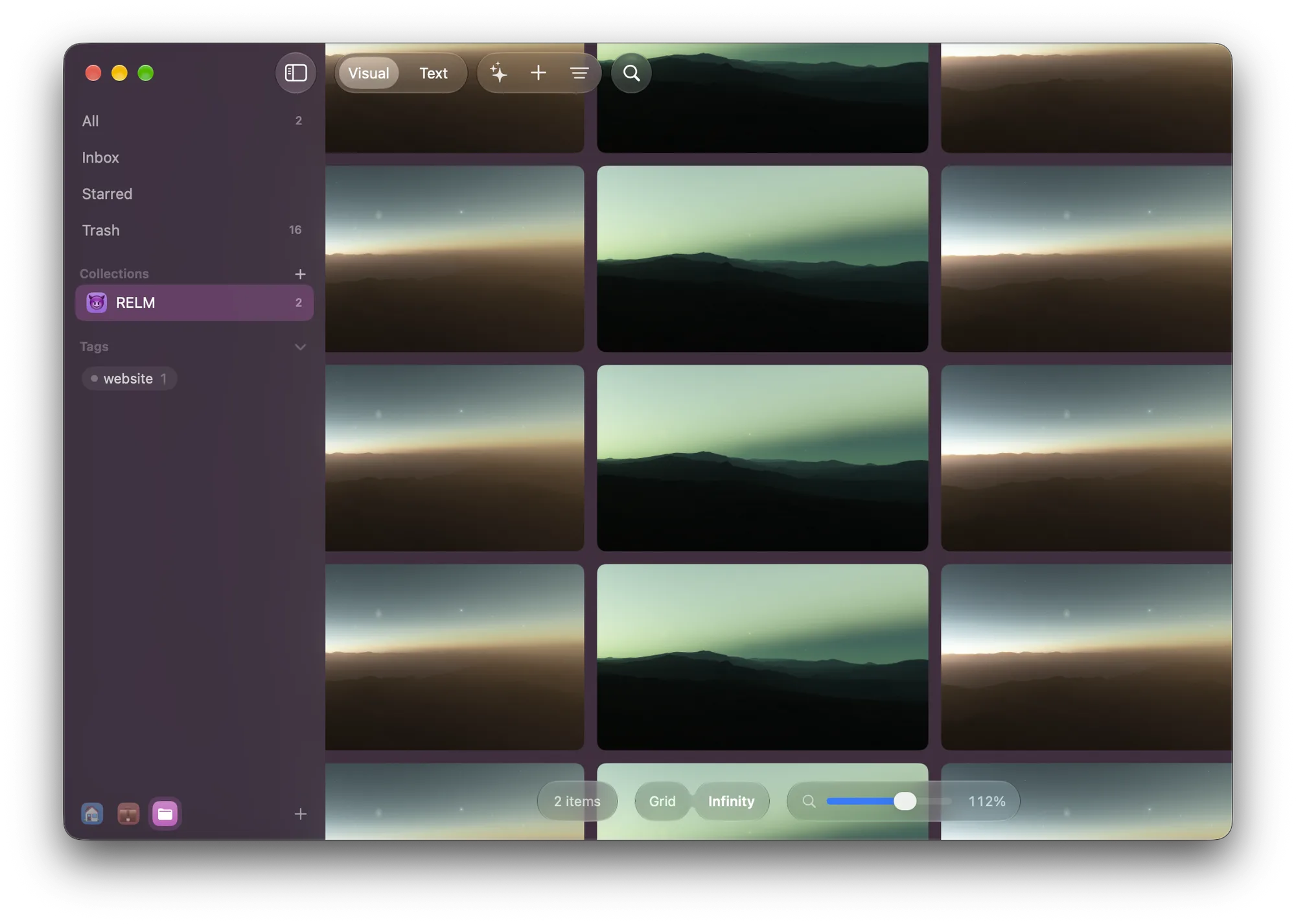 Relm's Infinity view: a wall of landscape images drifting past, with the sidebar's collections and tags on the left.
