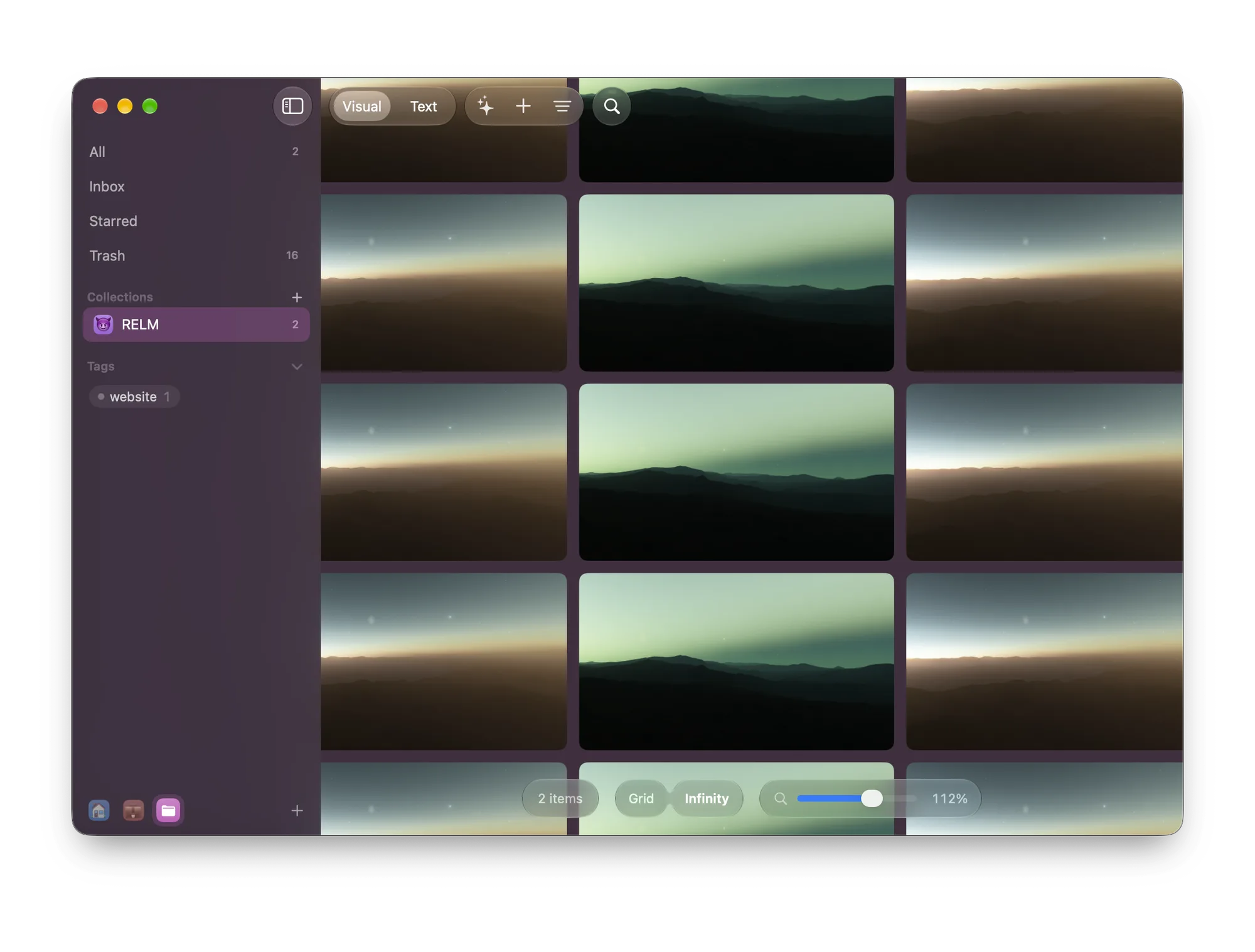 Relm's Infinity view, a wall of landscape images.